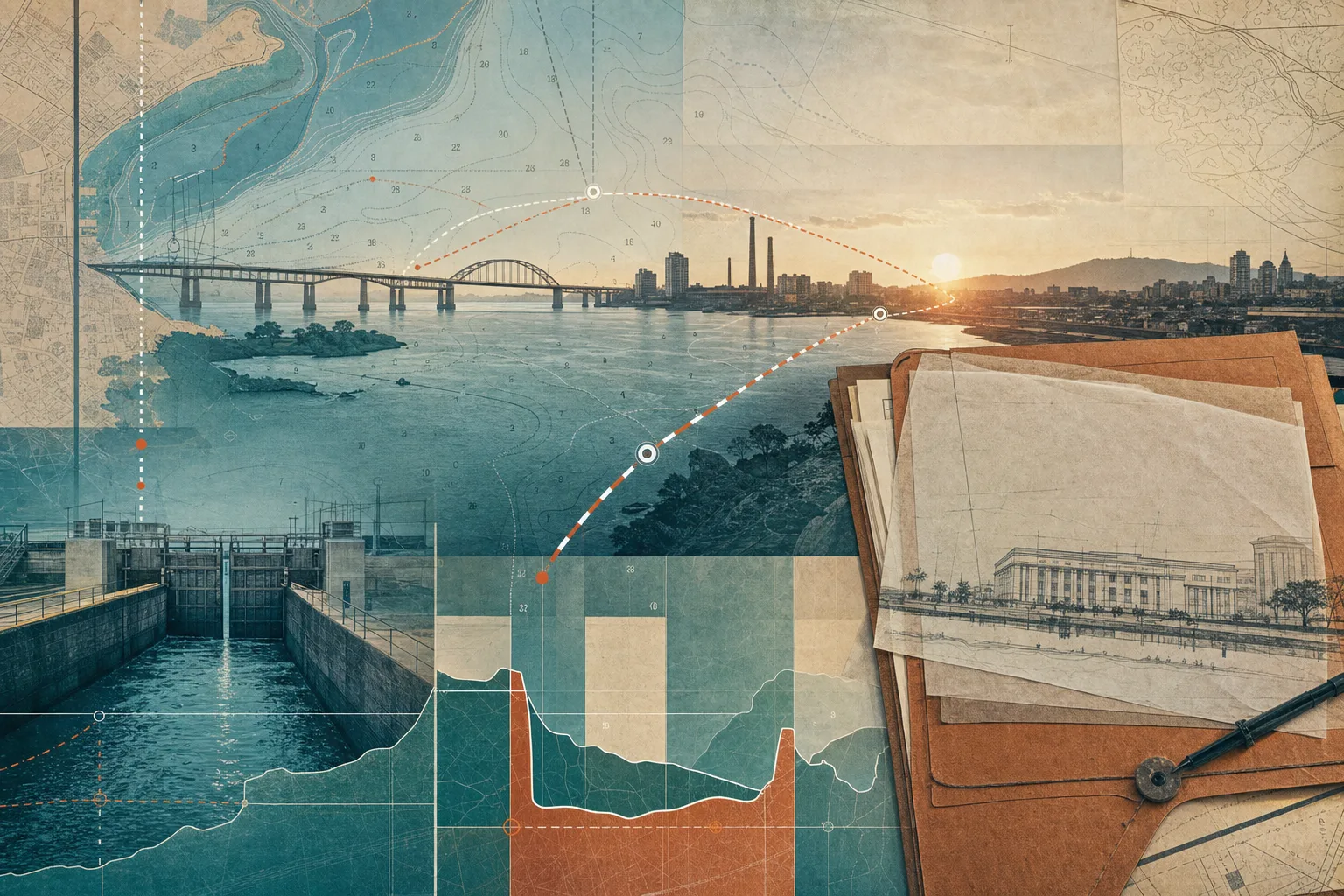 Carta hidrográfica editorial do Guaíba com margens abstratas, ponte e rota em direção a Porto Alegre