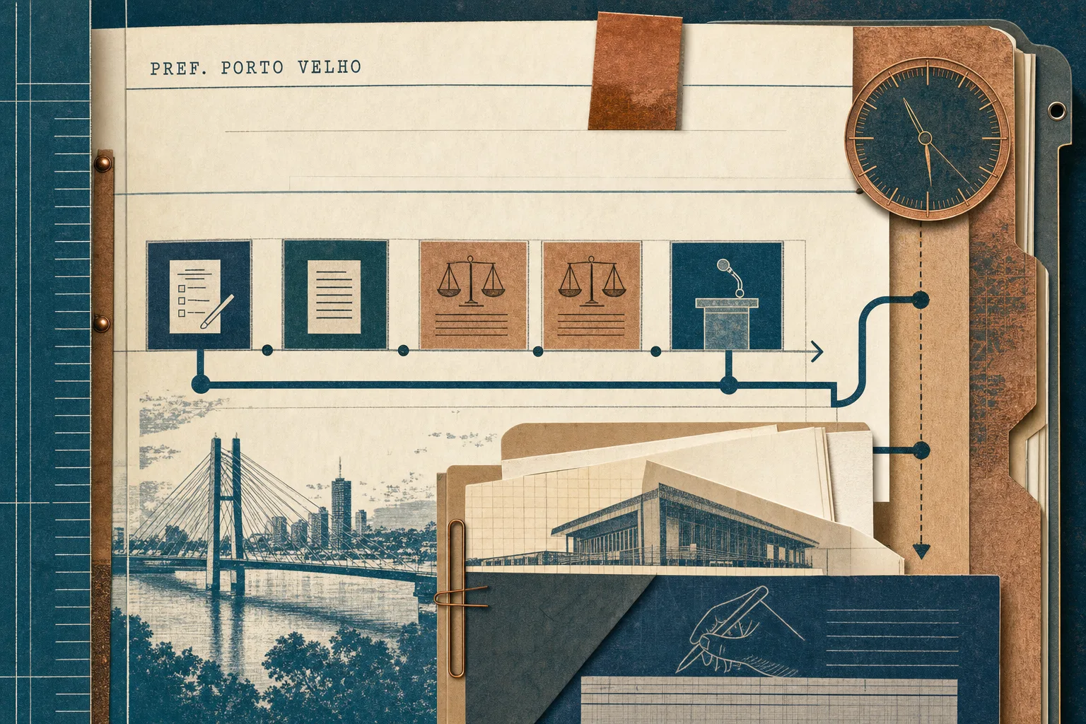 Colagem editorial de um processo jurídico municipal com folhas de protocolo, marcações de prazo e rota entre as fases do concurso de Porto Velho