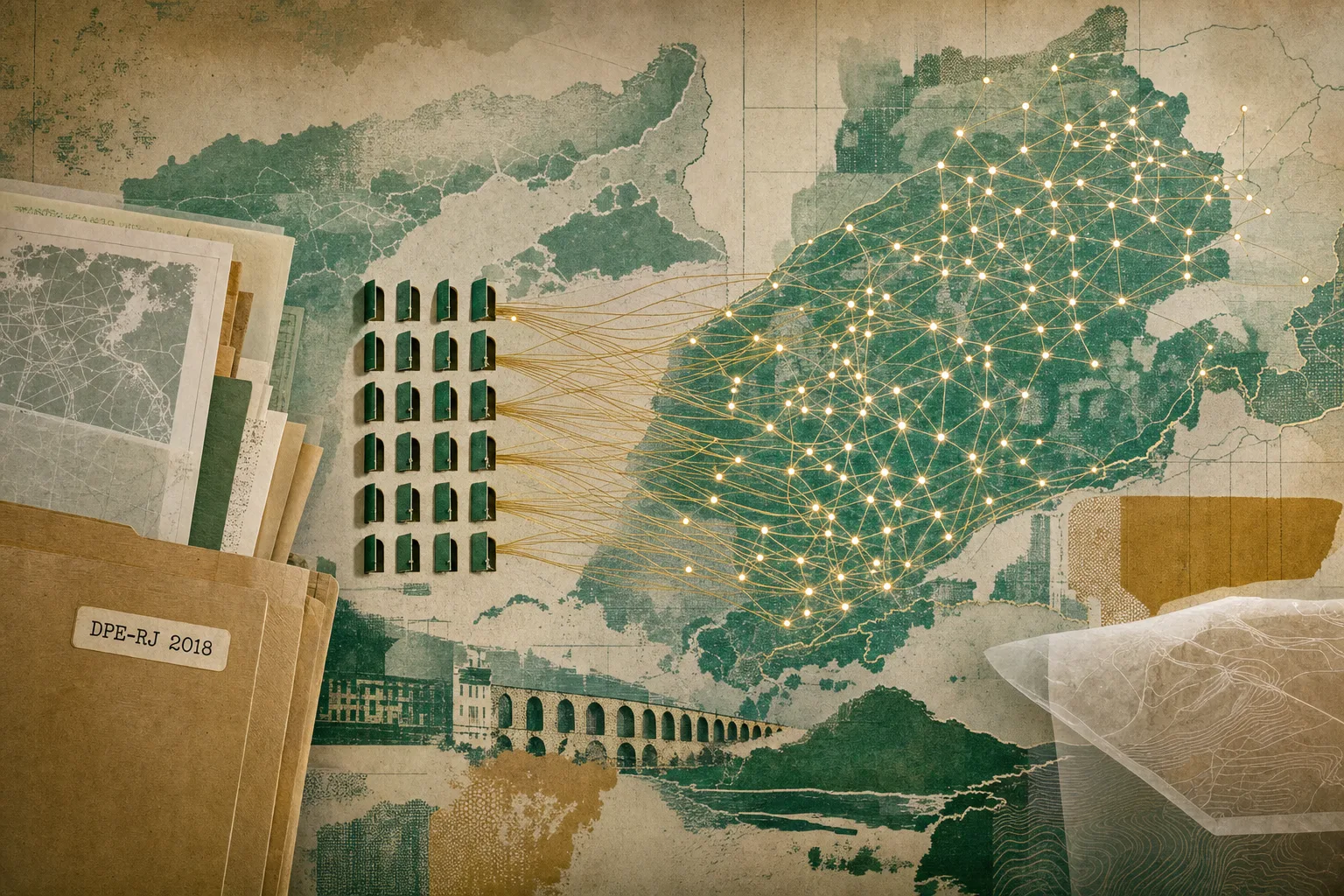 Composição editorial de portas abstratas e marcas de conexão que relaciona as 27 vagas de 2018 às 177 nomeações históricas da DPE-RJ