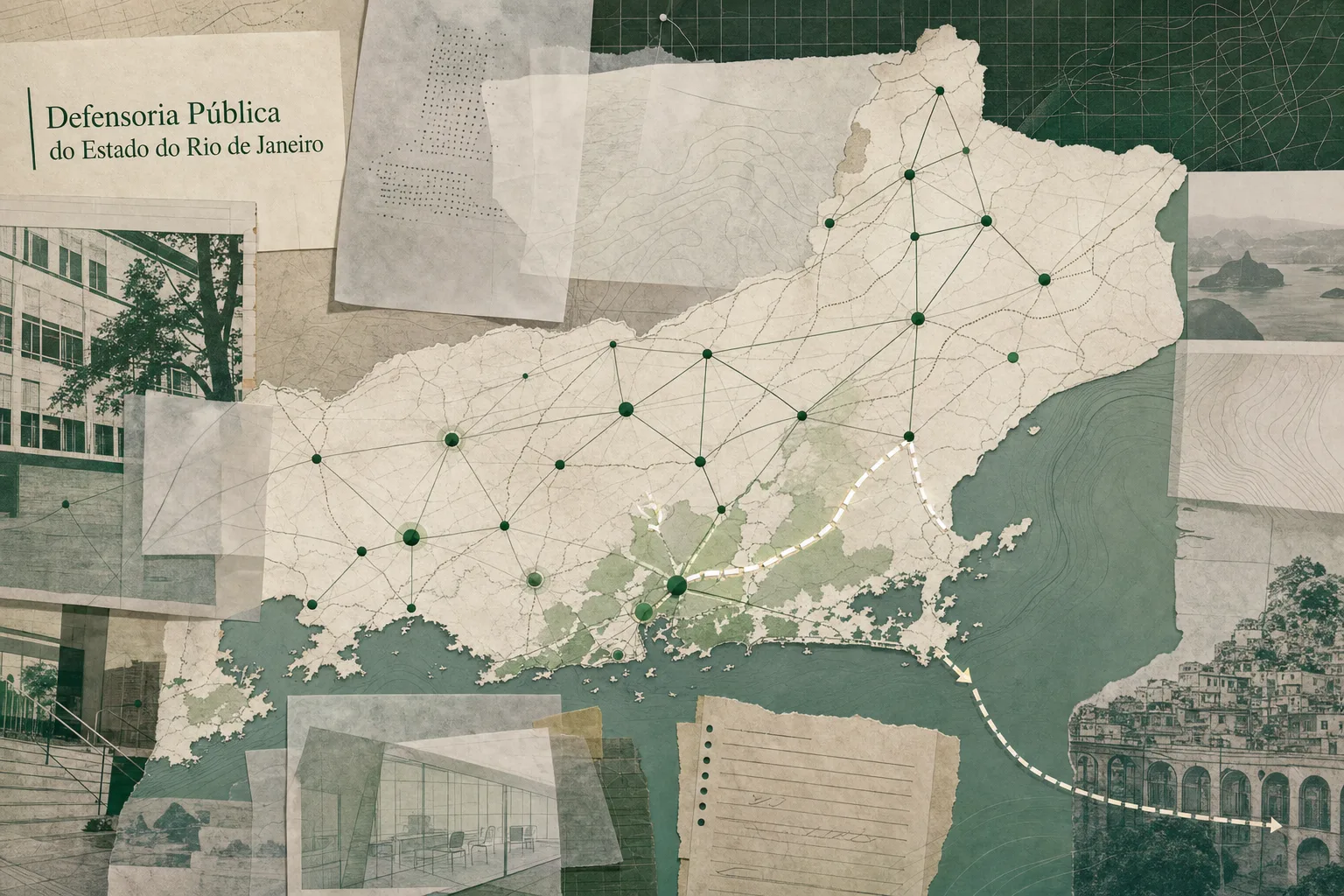 Colagem editorial com mapa abstrato do Rio de Janeiro e linhas de conexão que representam a rede de acesso da Defensoria Pública