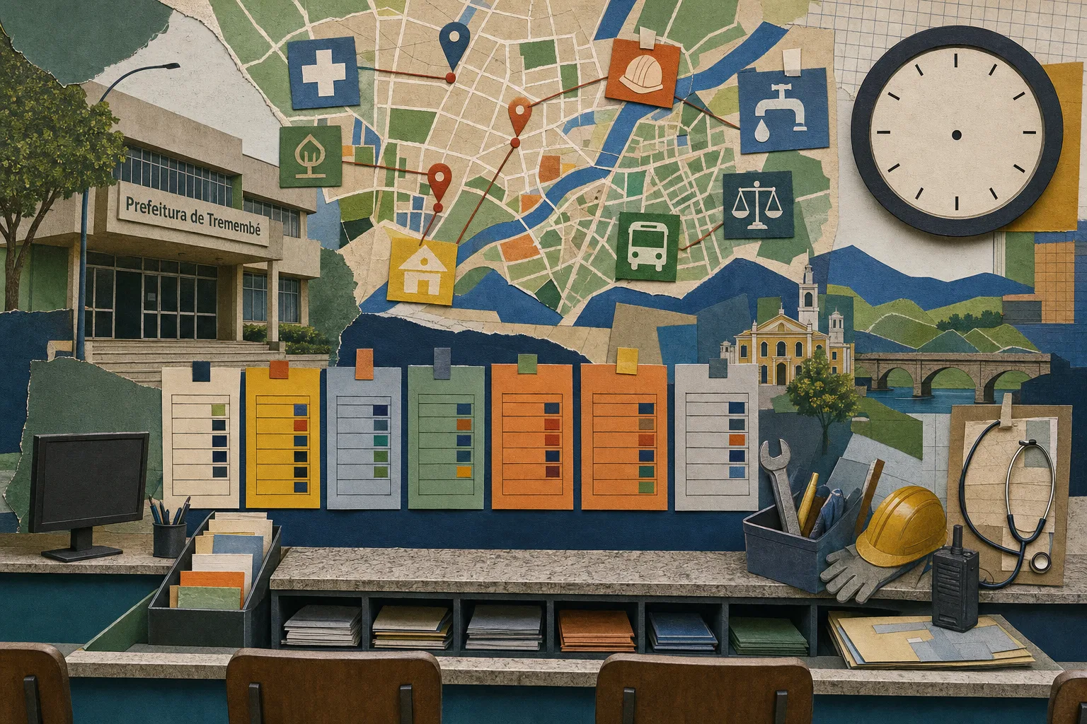 Colagem editorial da rede de serviços municipais de Tremembé, com mapa urbano, fichas de turno, relógio e símbolos de saúde e manutenção