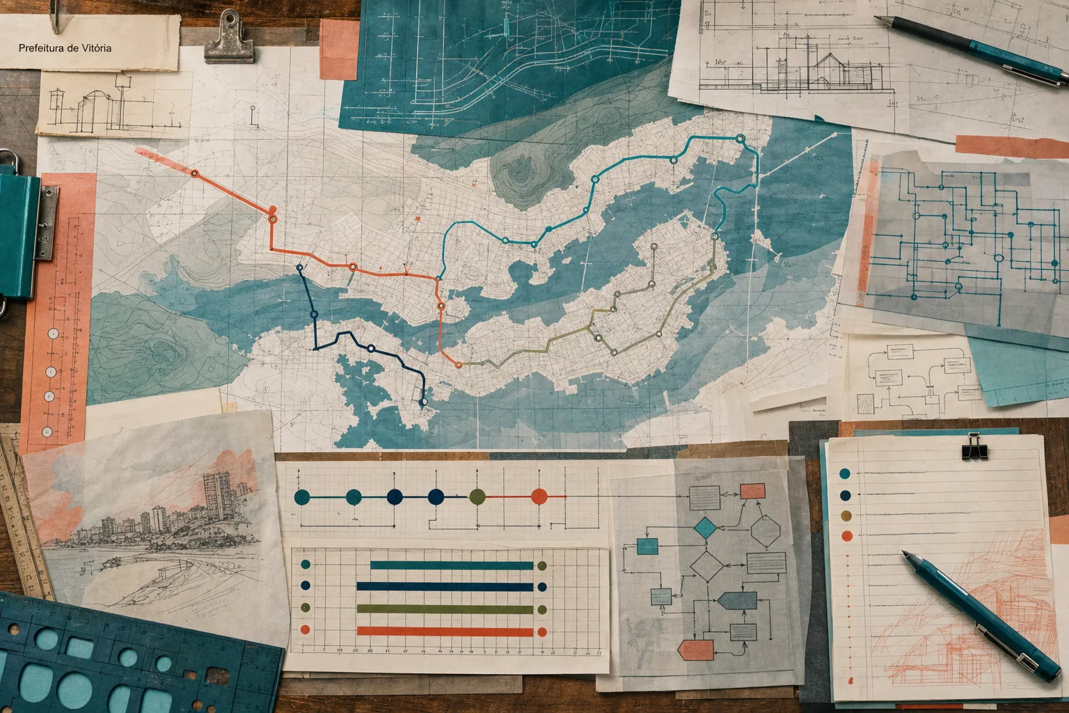 Mapa técnico abstrato de Vitória com rotas que representam gestão pública, tecnologia, arquitetura e engenharia