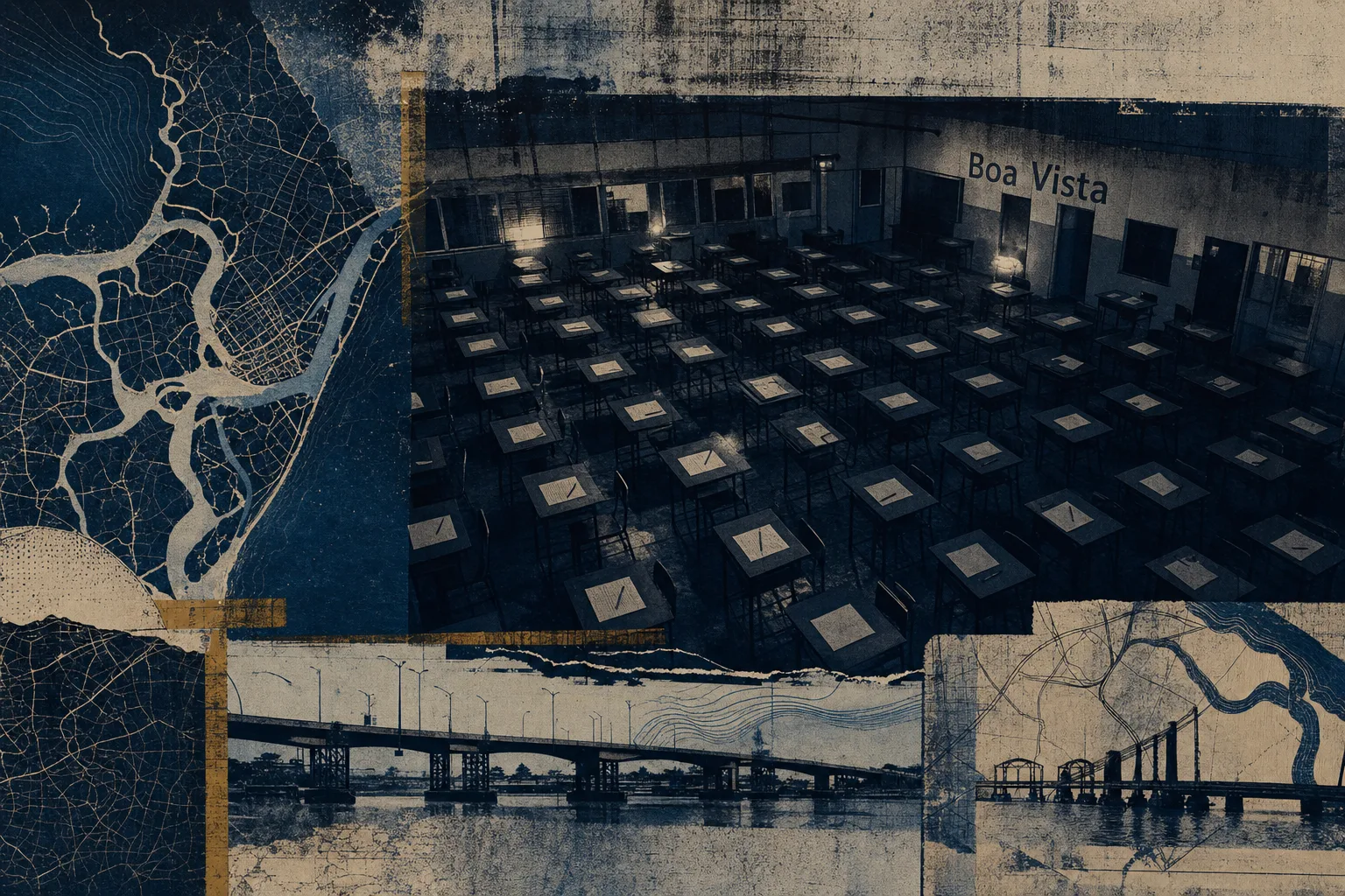 Ilustração de reconstrução histórica de uma sala de prova escura na Boa Vista durante o apagão ligado ao concurso de 2014