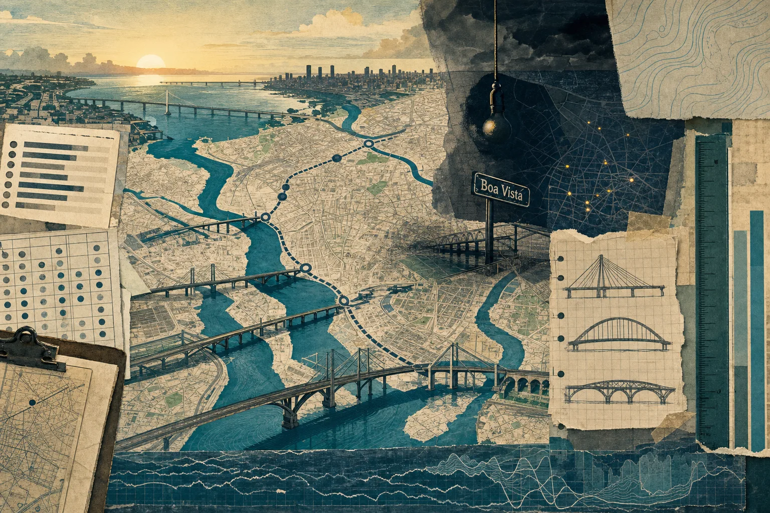 Mapa editorial ilustrado do Recife com rios, canais, pontes e uma rota urbana de travessia próxima à Boa Vista