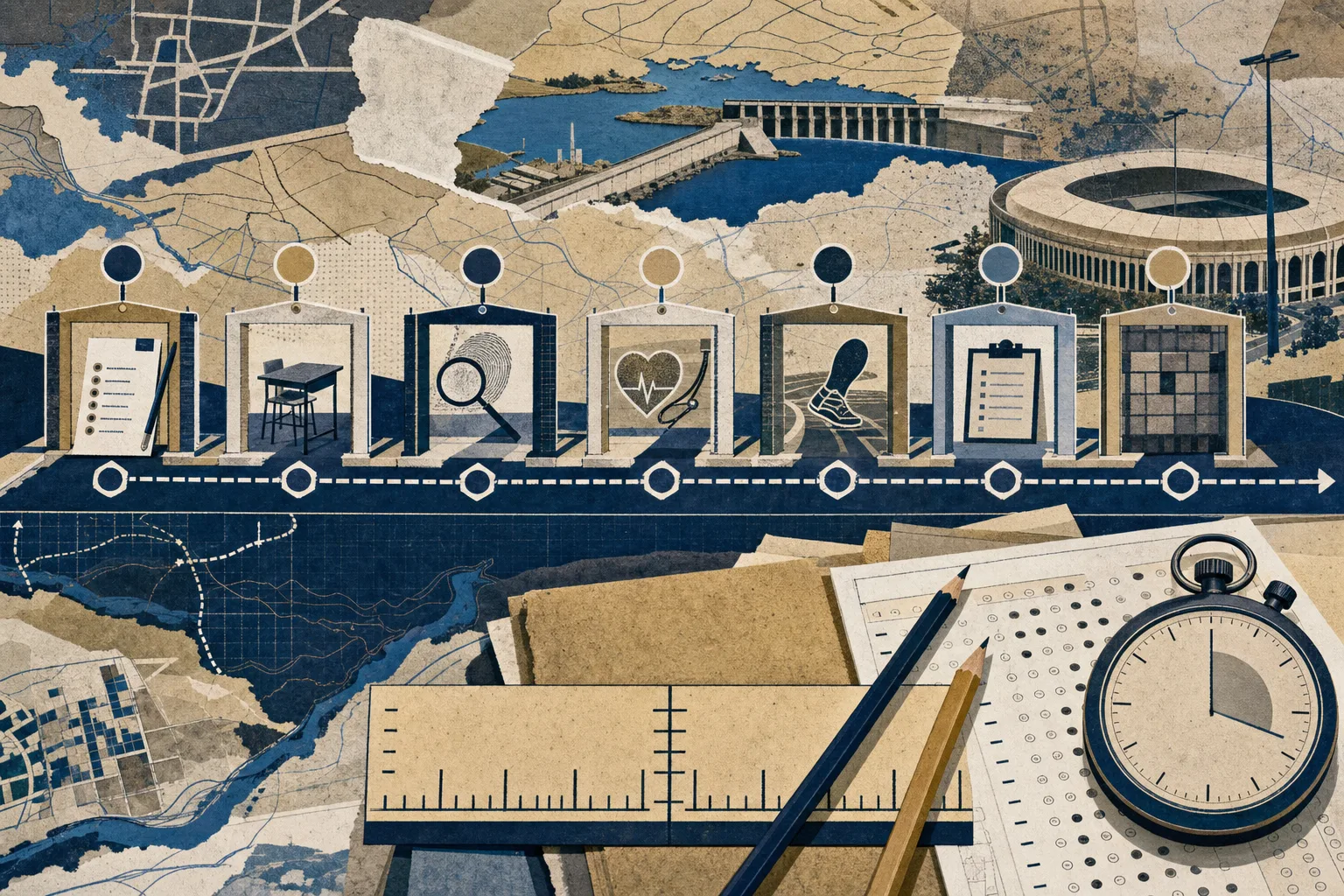 Ilustração editorial da prova com portões, régua dividida em dois blocos, cronômetro, lápis e cartão-resposta