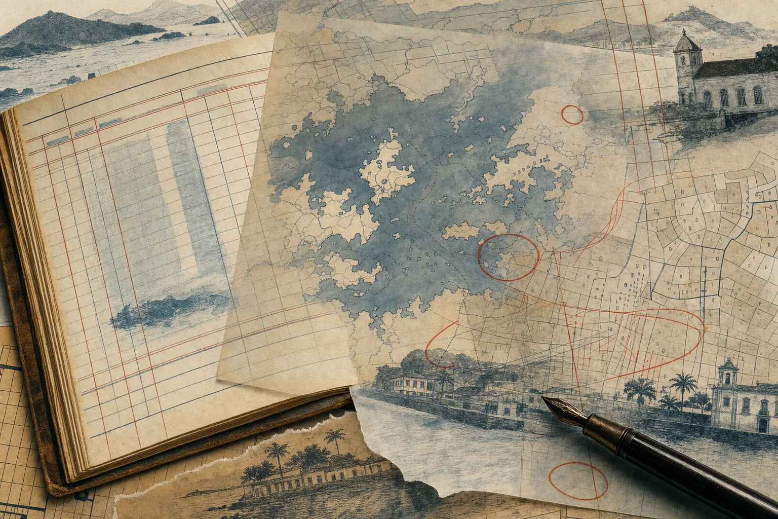 Livro tributário municipal aberto ao lado de mapa costeiro abstrato e marcas de conferência ligadas ao edital de Agente Tributário