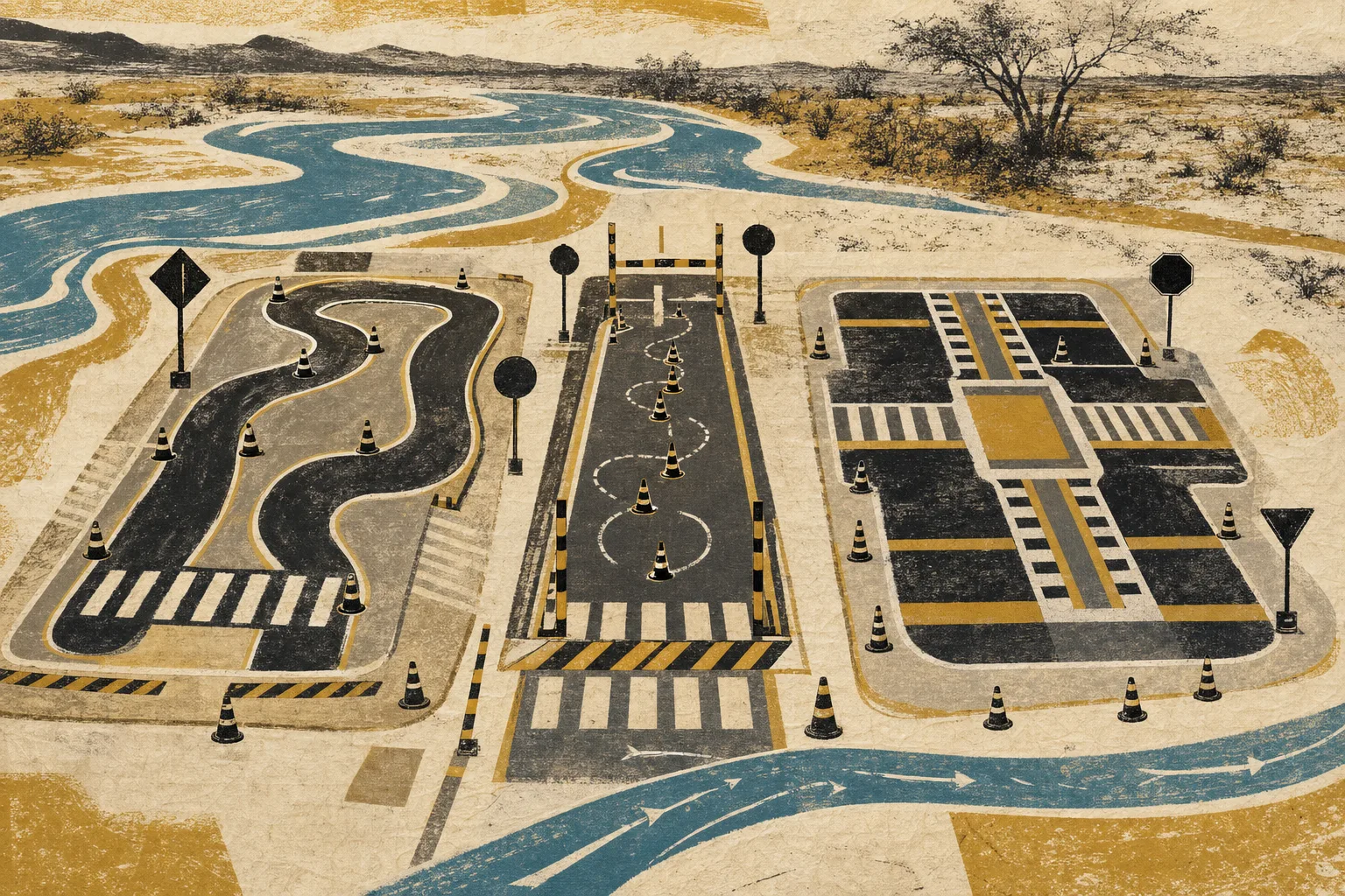 Pista ilustrada com cones, faixas e três estações físicas que representam abdominal, corrida e agilidade do TAF