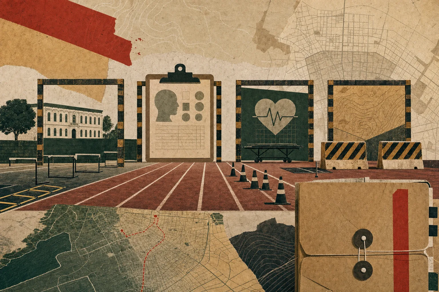 Colagem editorial de pista, prancheta médica e pasta documental representando as etapas eliminatórias
