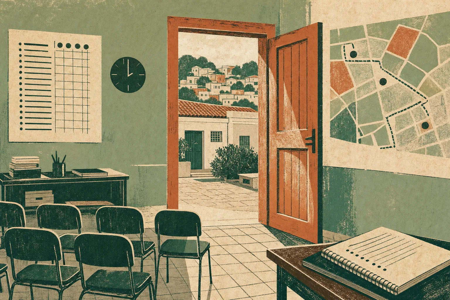 Ilustração de sala de formação vazia com porta aberta representando o Curso de Formação Inicial para ACS
