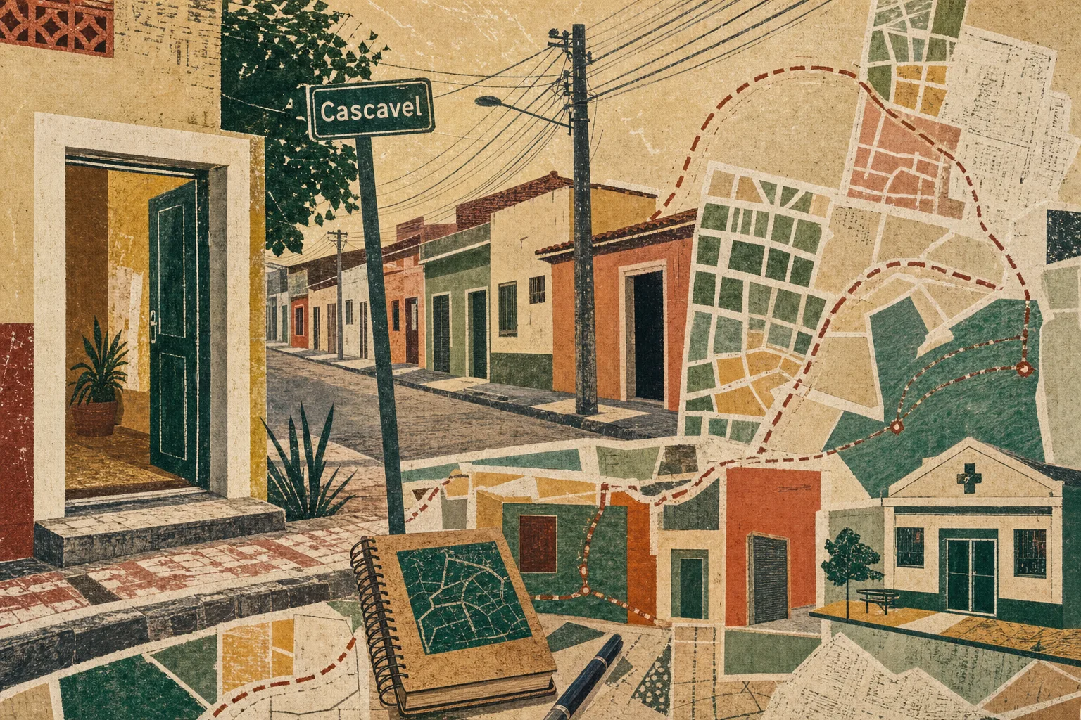 Colagem editorial de rua residencial de Cascavel com fachadas, calçadas e uma porta aberta representando o trajeto territorial do ACS