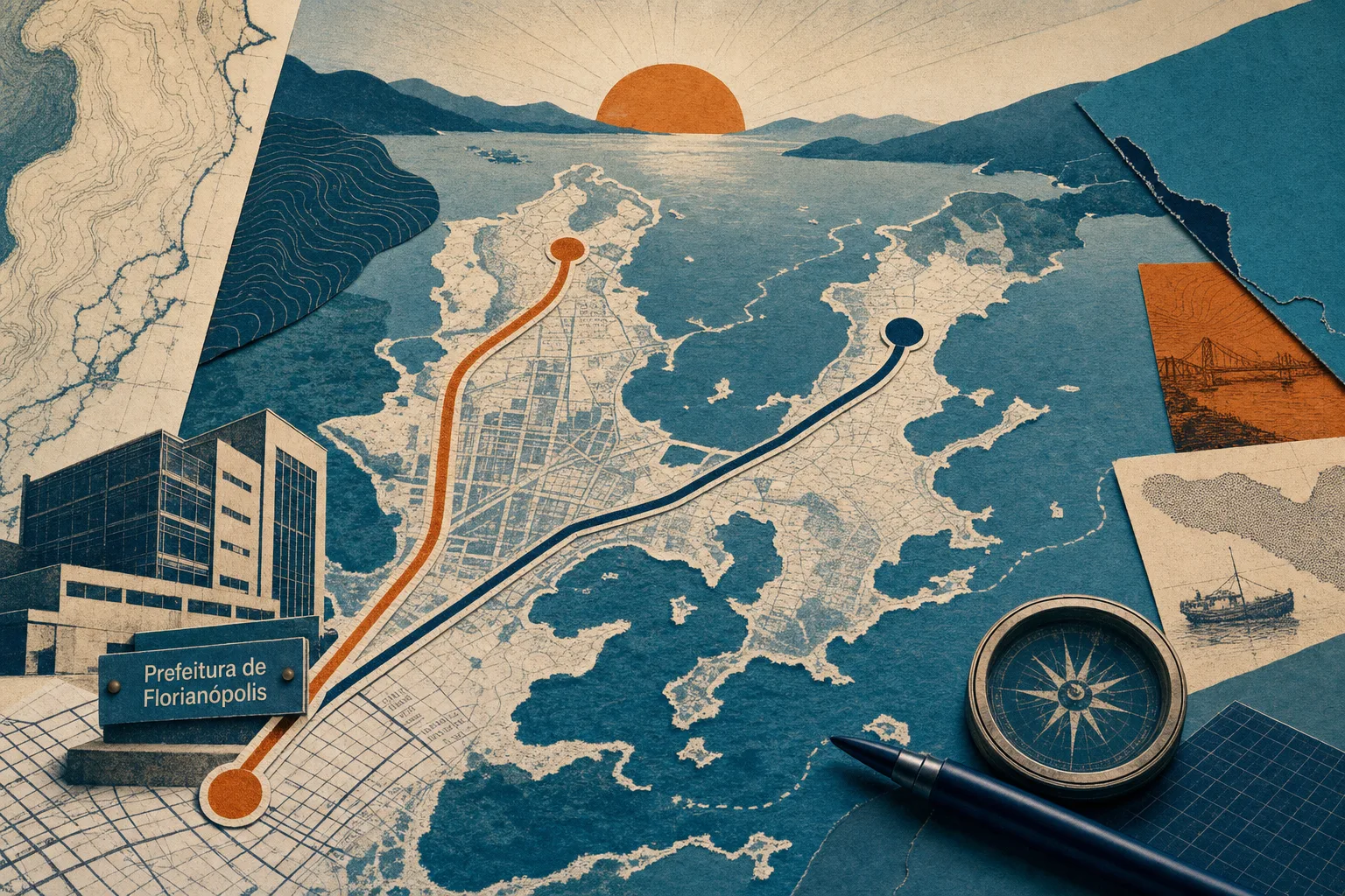 Colagem cartográfica de Florianópolis com duas rotas representando os turnos da prova do processo seletivo municipal