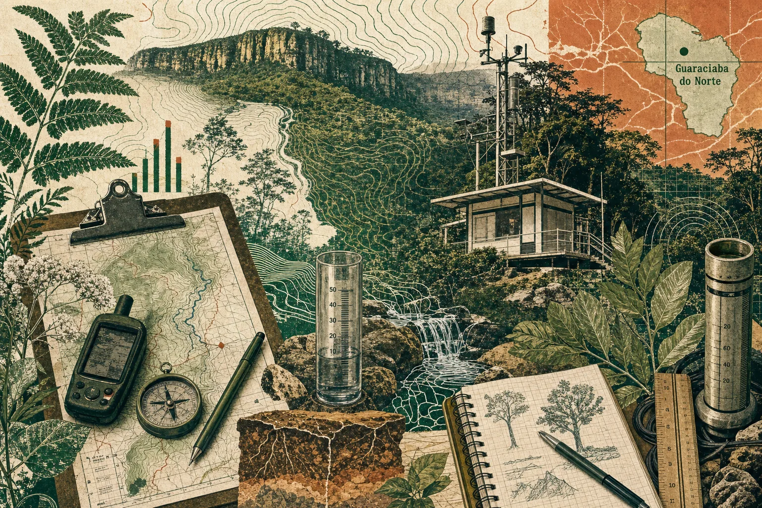 Colagem editorial da Serra da Ibiapaba com instrumentos de monitoramento ambiental relacionados ao concurso de Guaraciaba do Norte