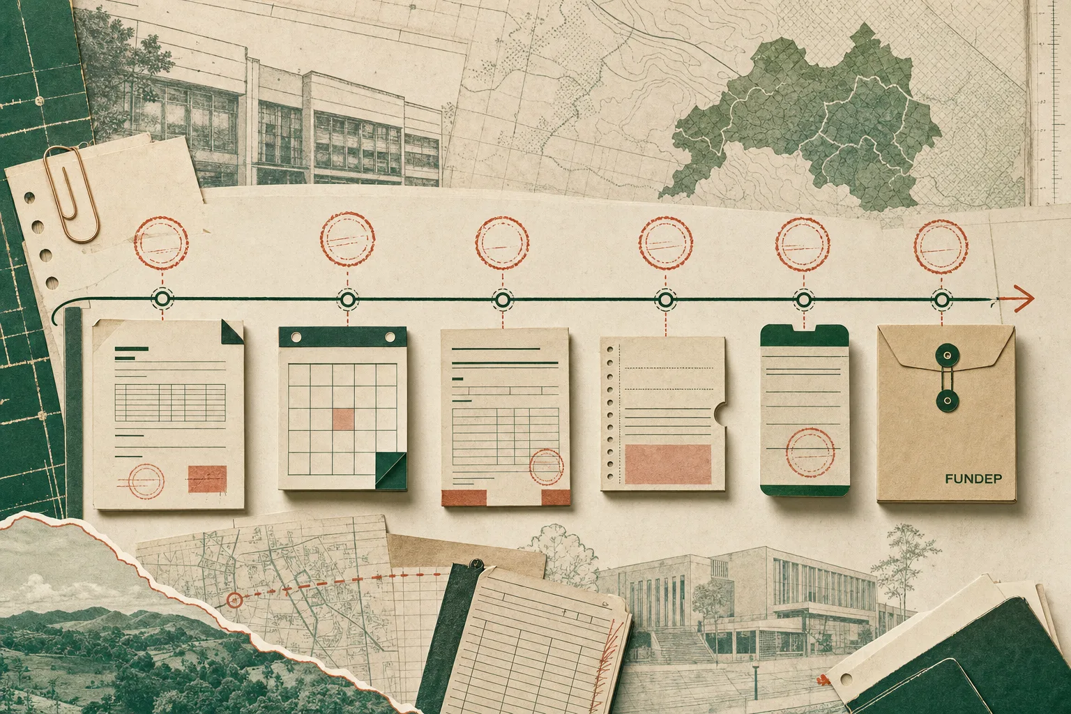 Composição editorial de folhas de calendário, marcações de prazo, boleto e envelope da Fundep ligados por uma linha de tramitação