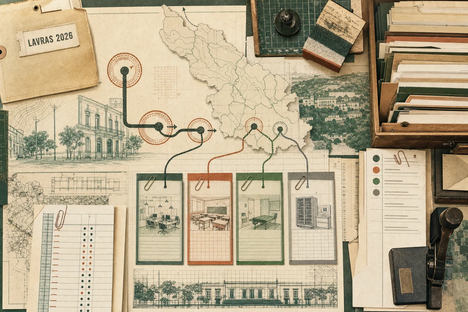 Colagem editorial de uma mesa de protocolo com pastas, mapa esquemático do Sul de Minas e rotas de documentos para o concurso de Lavras