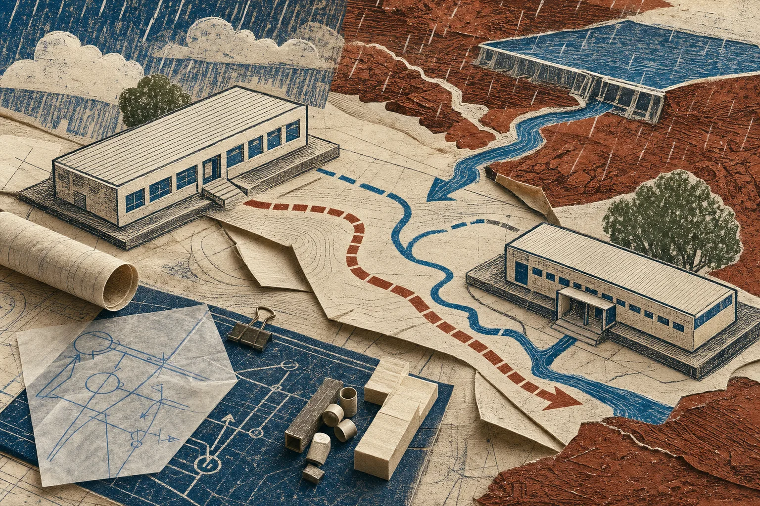 Relevo editorial de chuva, solo úmido e rota alternativa entre duas escolas abstratas, ligado ao remanejamento ocorrido em Assú