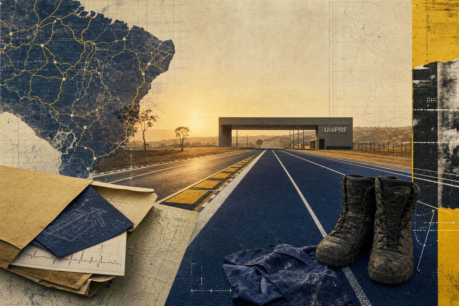 Pista de treinamento vazia em direção a uma academia, representando as etapas físicas e formativas da PRF