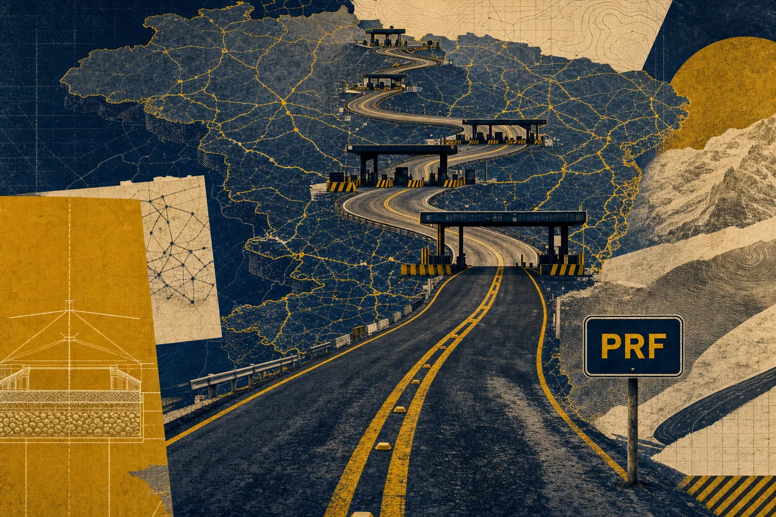 Colagem editorial de malha rodoviária nacional com uma rota de preparação para o concurso PRF