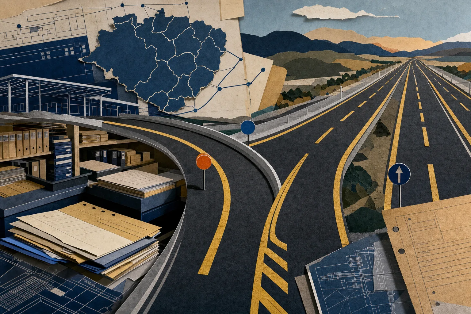 Ilustração de entroncamento rodoviário em que uma faixa segue para arquivo administrativo e outra para patrulhamento, representando a organização da preparação