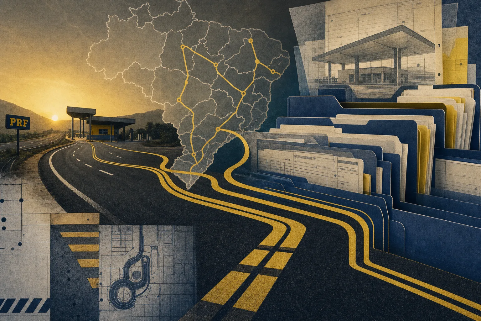 Colagem editorial de mapa rodoviário brasileiro, faixas amarelas e pastas administrativas representando o apoio operacional da PRF