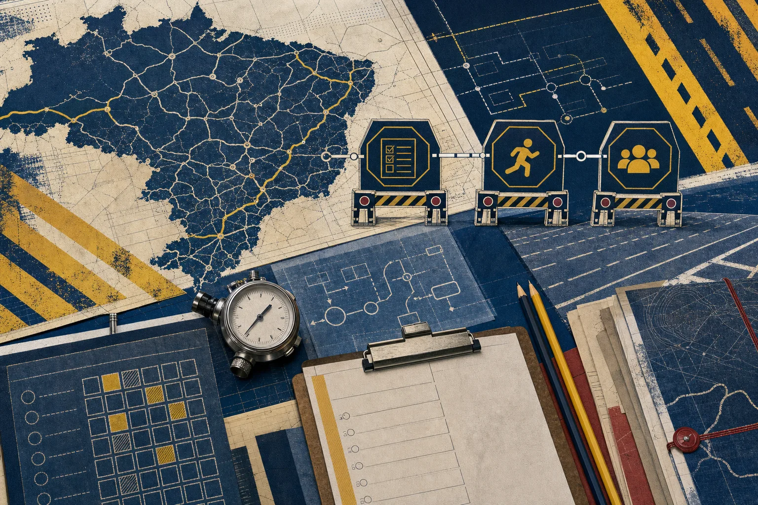 Mesa editorial de fiscalização com mapa técnico, faixas amarelas e três cancelas gráficas representando a prova de referência da PRF
