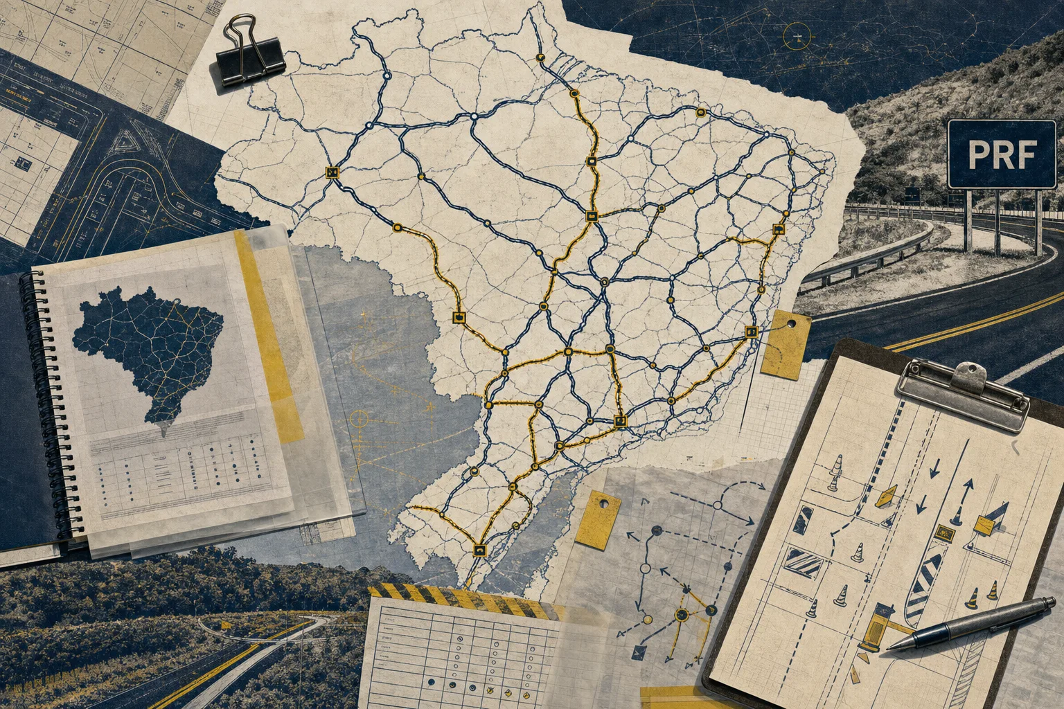 Colagem editorial de mapa rodoviário nacional com rotas, faixas amarelas e pontos de controle ligados ao concurso da PRF