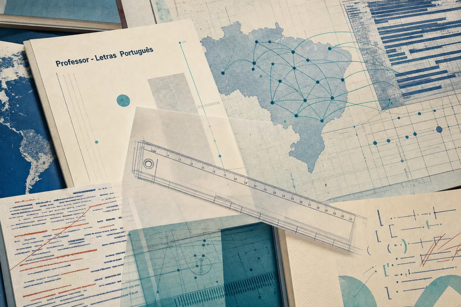 Dossiê de avaliação de Professor - Letras Português com régua transparente, traços de sintaxe e marcações de cancelamento