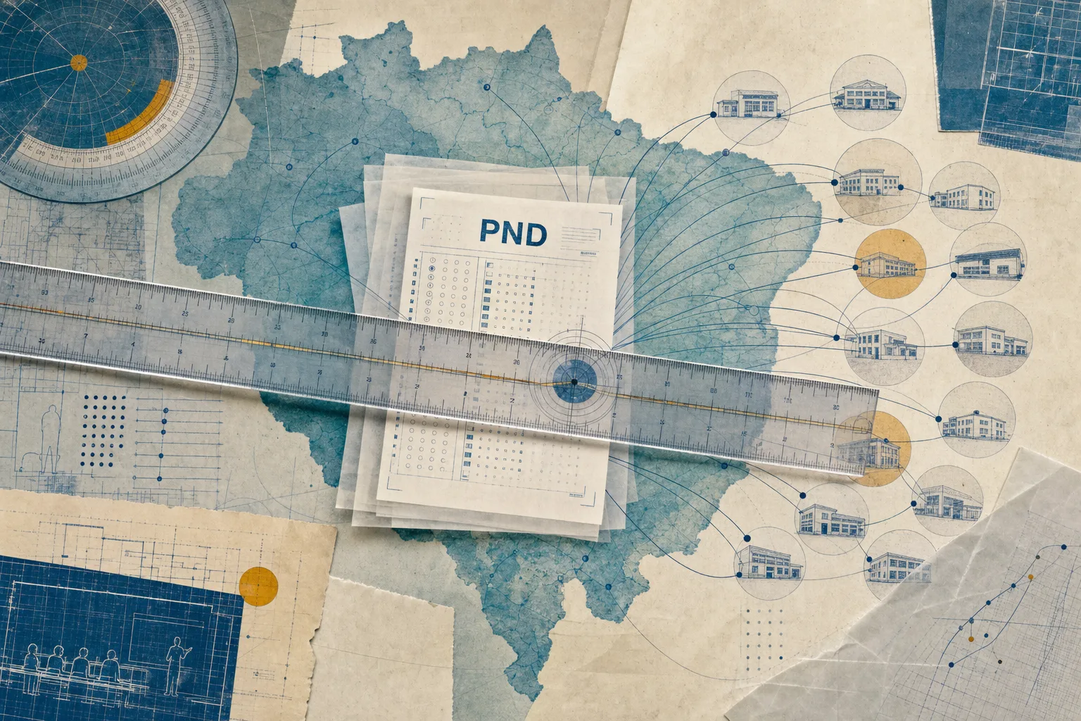 Colagem editorial de régua translúcida sobre mapa abstrato do Brasil e folha de prova PND ligada a redes de ensino