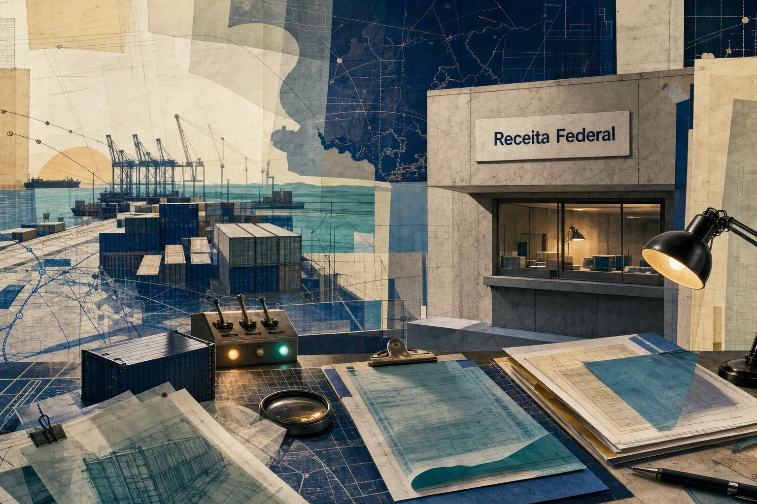 Ilustração editorial de doca de inspeção aduaneira da Receita Federal com contêineres e documentos