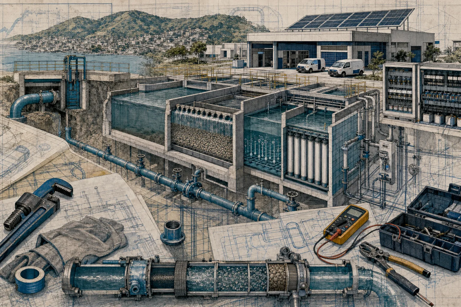 Corte ilustrado de estação de tratamento de água com câmaras de filtragem e rotas de manutenção relacionadas às funções do SAAE Passos