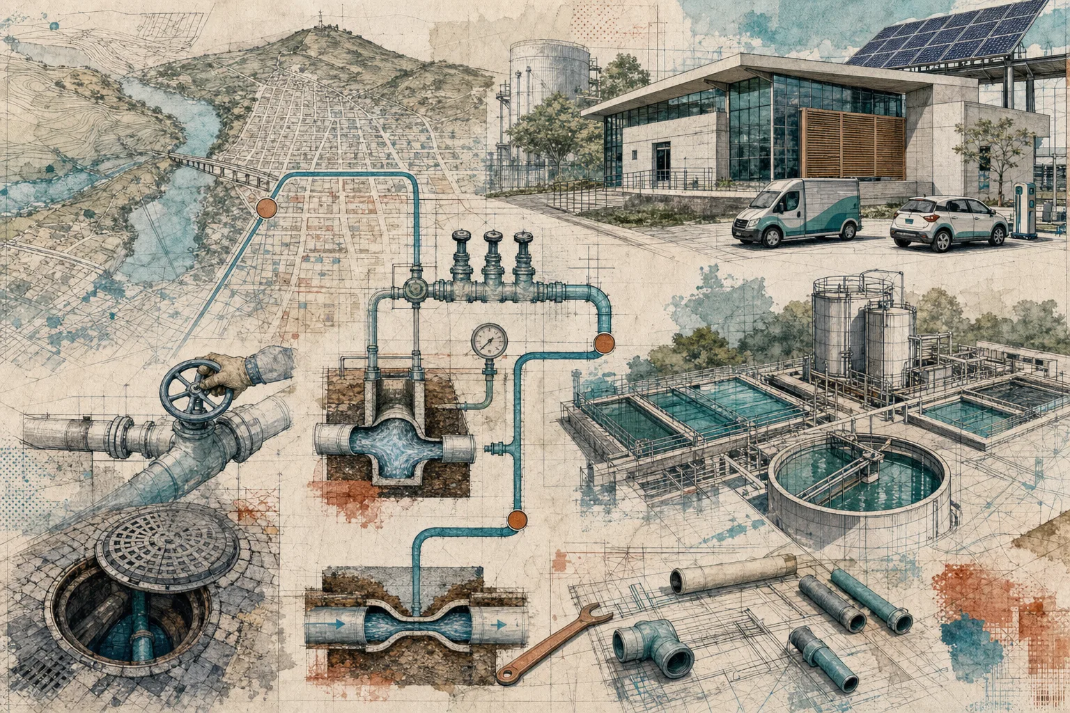 Colagem técnica vista de cima de infraestrutura urbana de água, rotas de serviço e prédio público conectados por tubulações