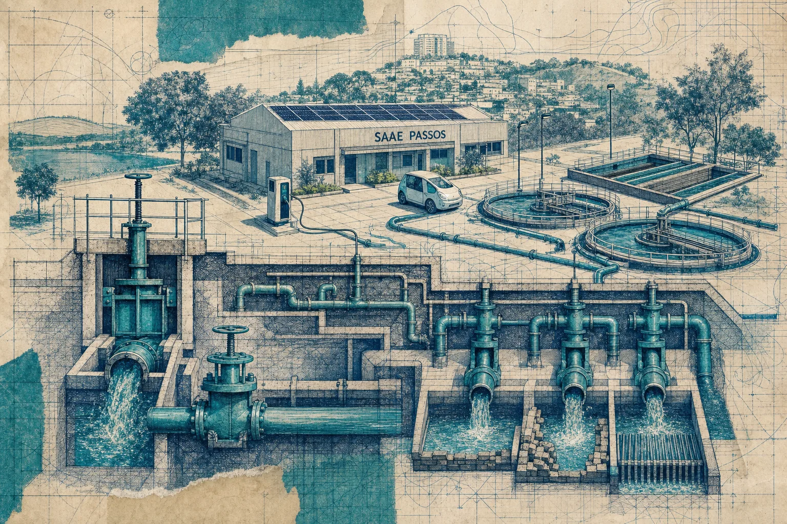 Ilustração editorial de uma rede de tratamento de água do SAAE Passos com tubulações, válvulas e estruturas operacionais