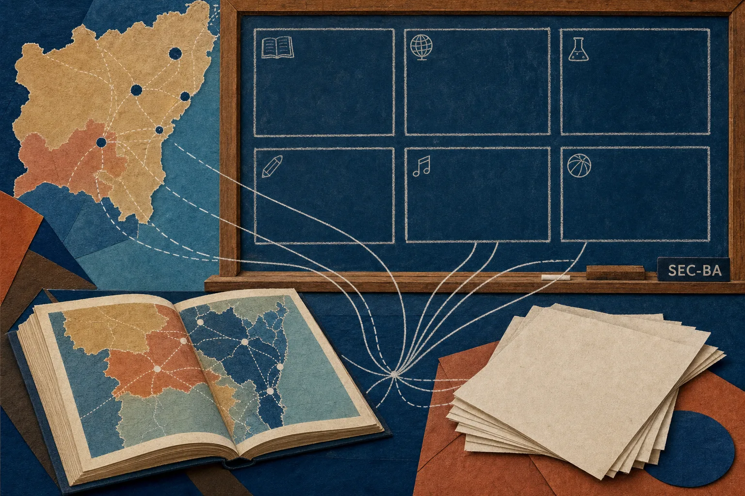 Quadro de disciplinas ligado a um atlas e folhas de aula para representar a estrutura da prova organizada pela UNEB