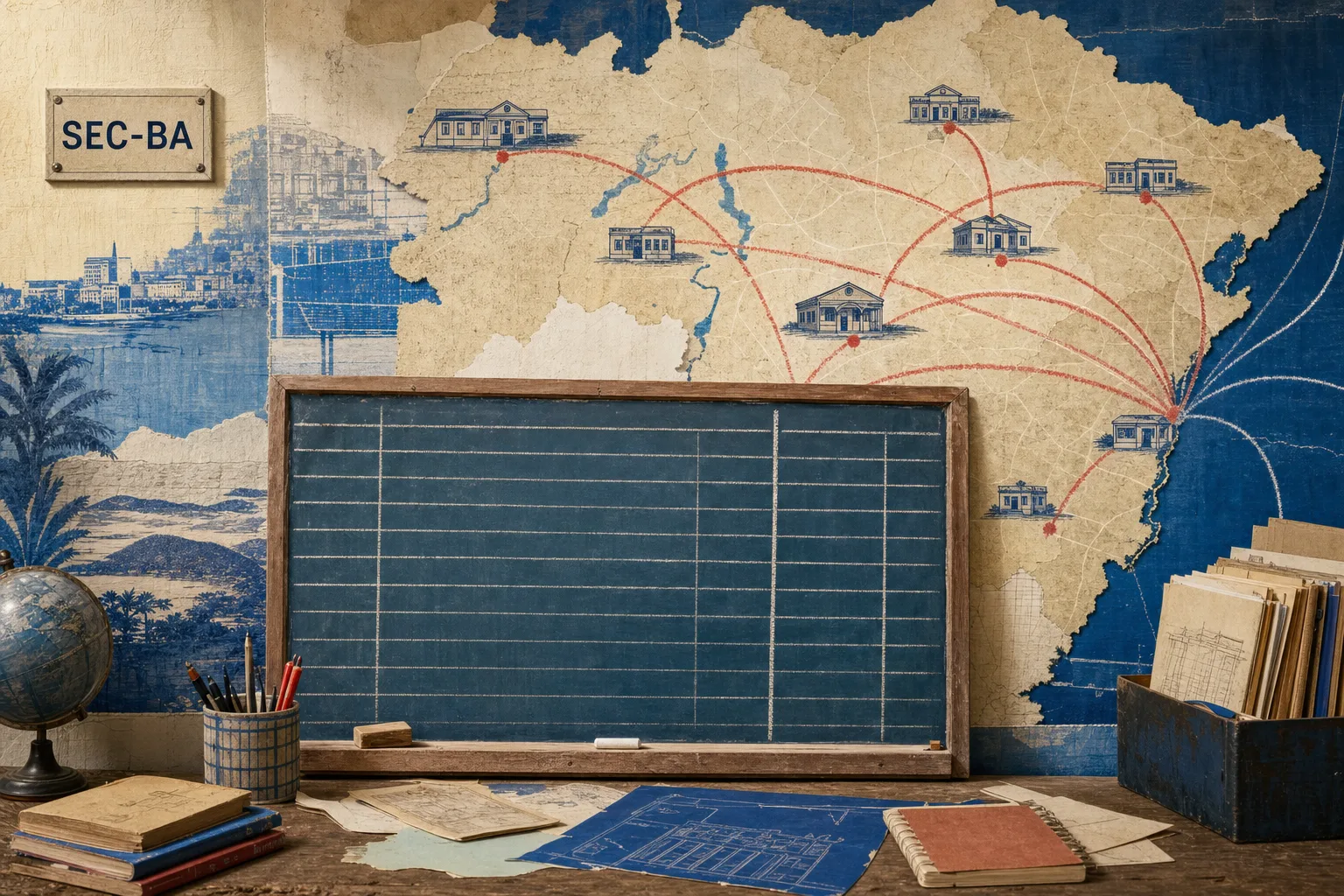 Colagem editorial com quadro de chamada escolar e mapa abstrato da Bahia ligado por rotas de giz para representar a rede da SEC-BA