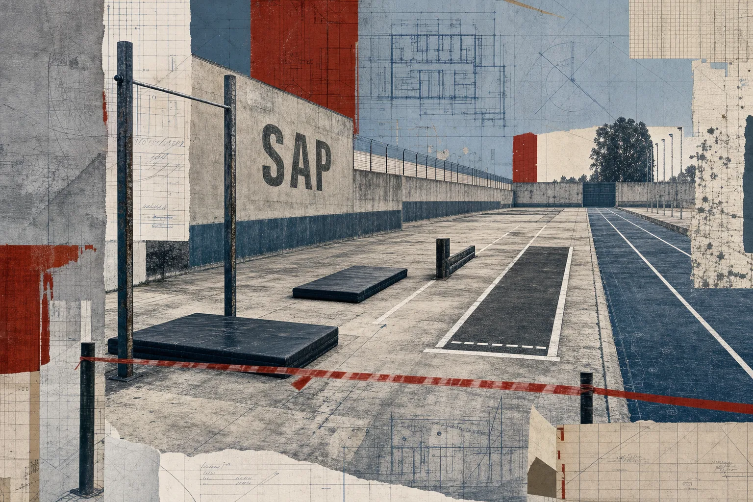 Estações vazias de teste físico com barra, colchonete, pista curta e pista de corrida, representando o TAF da SAP-SP