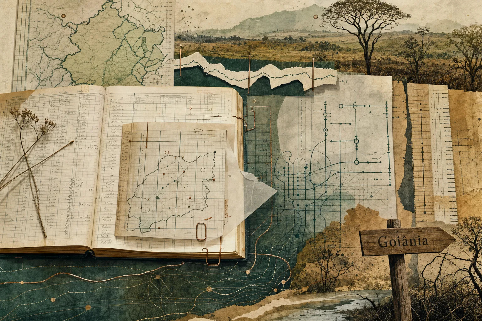 Ilustração editorial de livro fiscal aberto sobre mapa abstrato de Goiás, com indicação de Goiânia e marcas de apuração tributária
