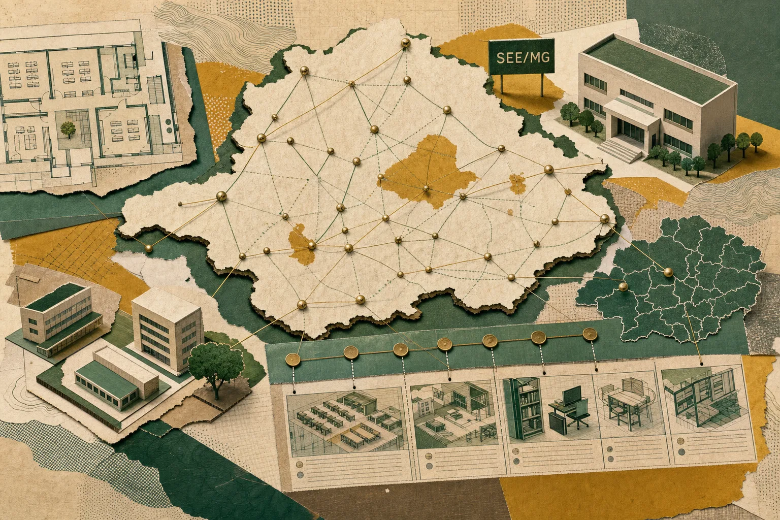 Colagem editorial de uma rede escolar mineira abstrata, com rotas e fragmentos de planta escolar que representam a preparação para a SEE-MG