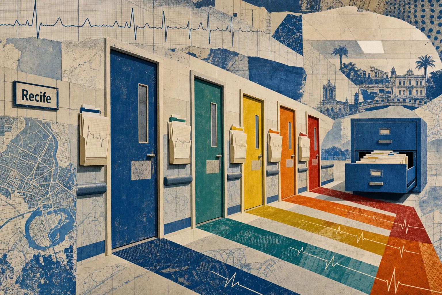 Corredor gráfico com cinco portas profissionais, linha de prazo e arquivo final identificado com Recife, representando o percurso documental do SES-PE
