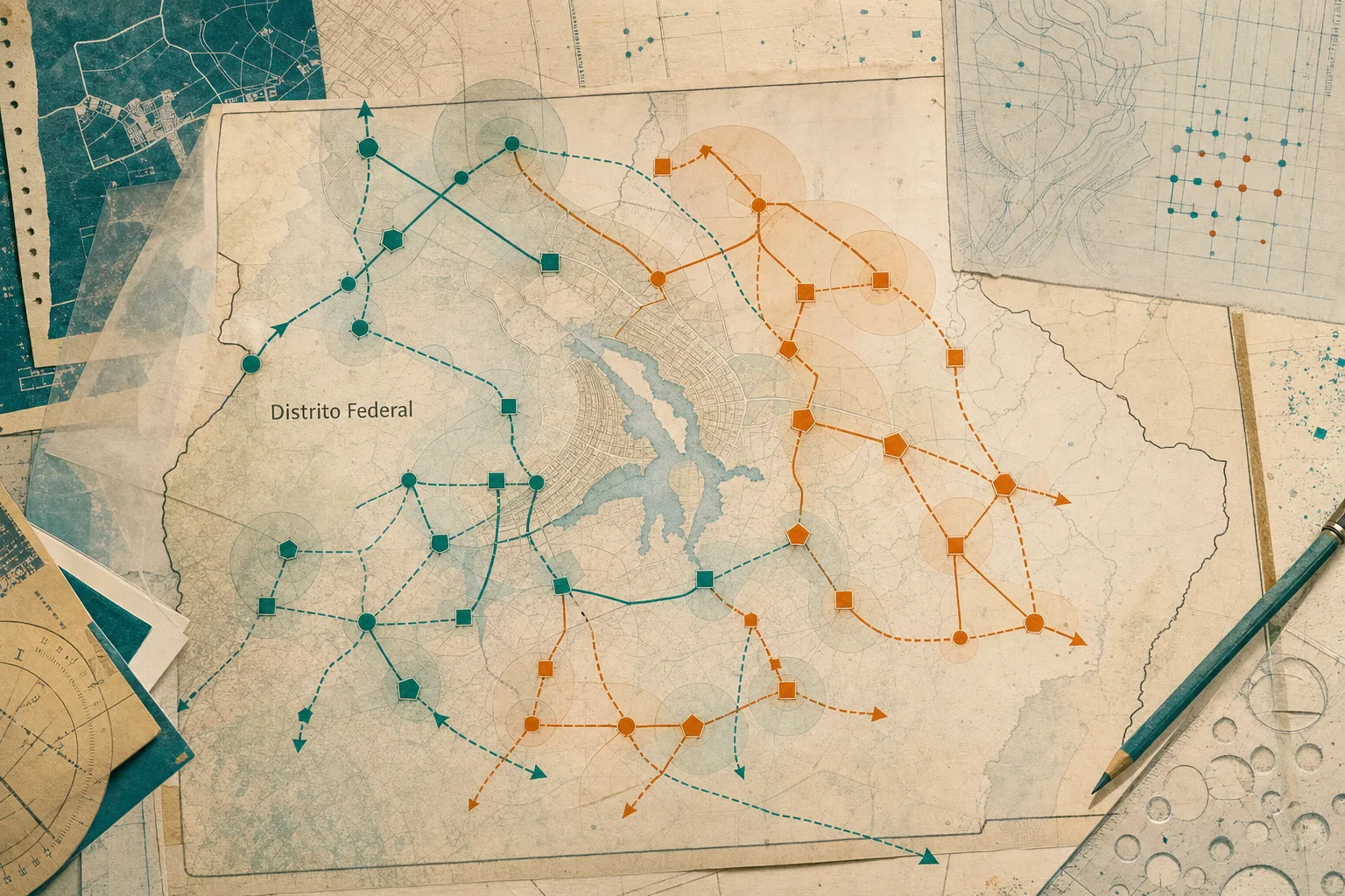 Mapa artístico do Distrito Federal com duas camadas de rotas para cargos técnicos e especialistas da SEDES-DF