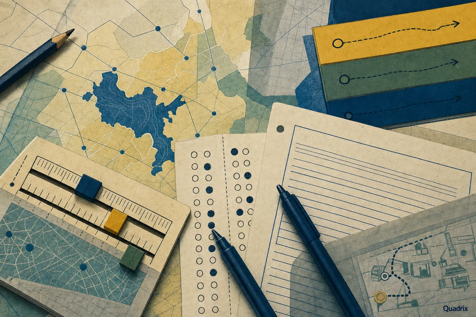 Régua de pontuação e folha de respostas organizadas como mapa operacional para a prova da Quadrix