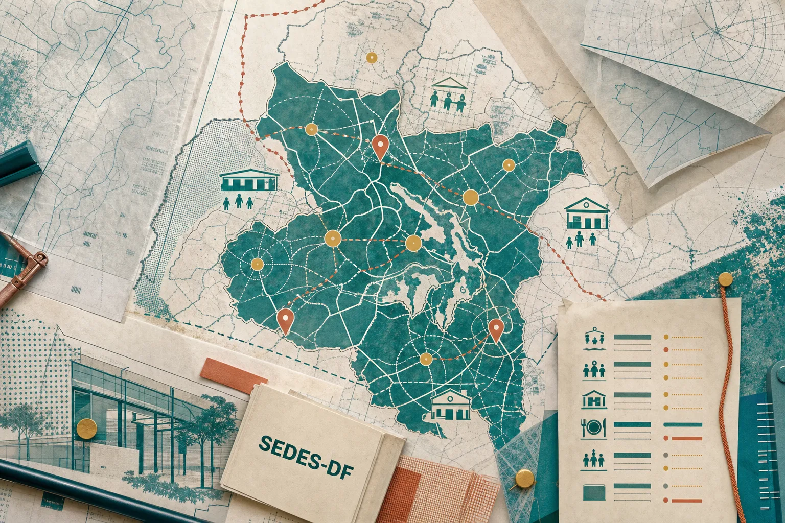 Colagem cartográfica do Distrito Federal com rotas de cobertura socioassistencial para o concurso SEDES-DF