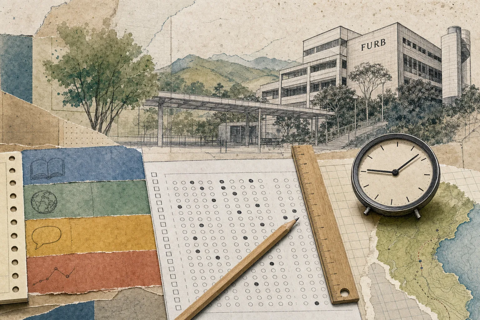 Composição editorial de mesa de prova com geometria de folha de respostas, régua, relógio e referência à FURB