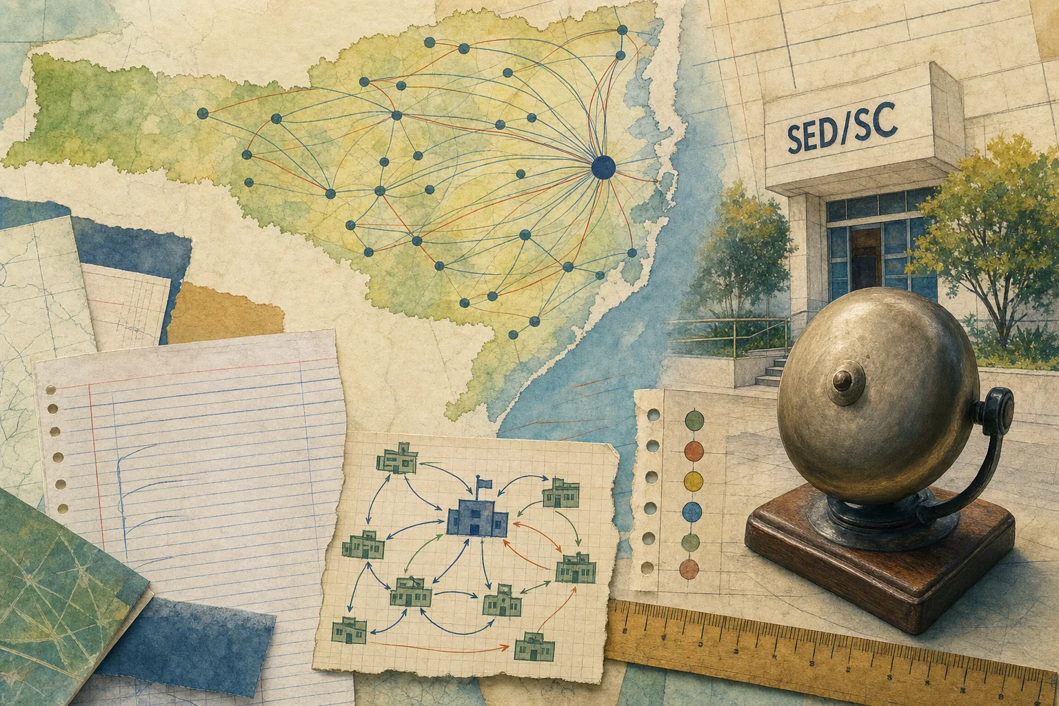 Colagem editorial de mapa abstrato de Santa Catarina conectado a uma rede educacional e uma campainha escolar, representando o concurso SED-SC 2026