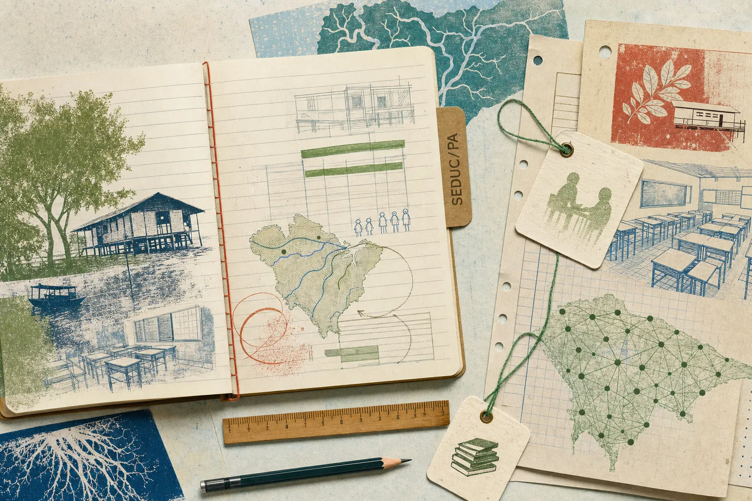 Caderno aberto de revisão curricular com folhas perfuradas, régua, lápis e mapa abstrato do Pará para contextualizar a análise de documentos da SEDUC-PA