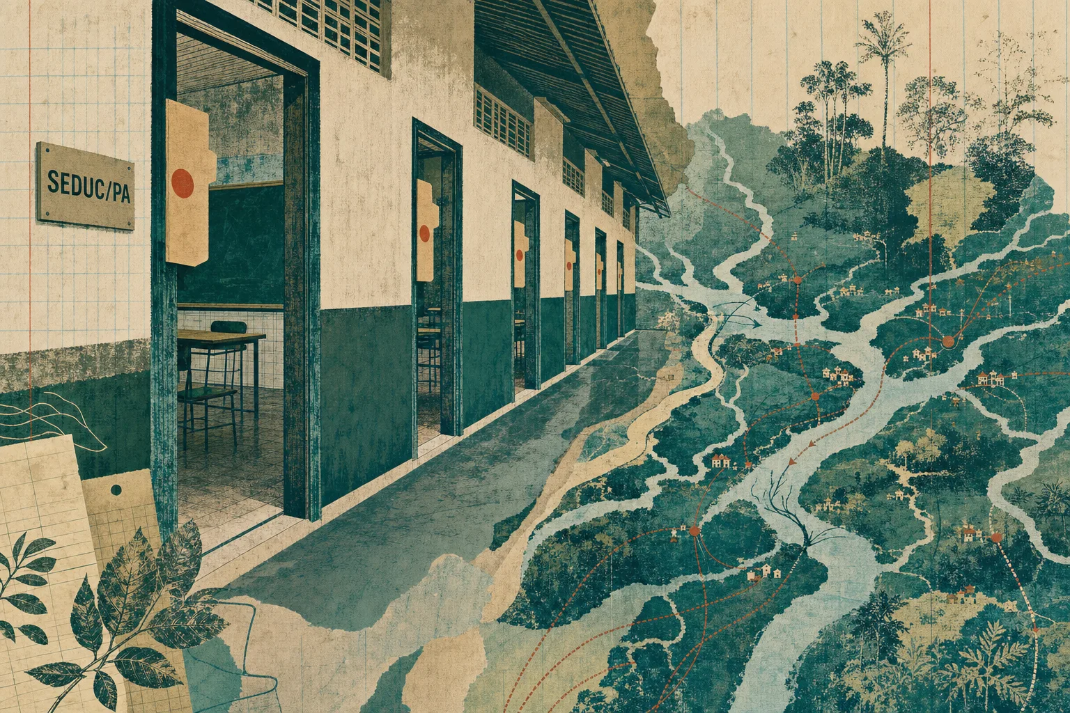 Ilustração serigráfica de corredor escolar que se conecta a uma rede de rios amazônicos, representando o alcance da educação paraense