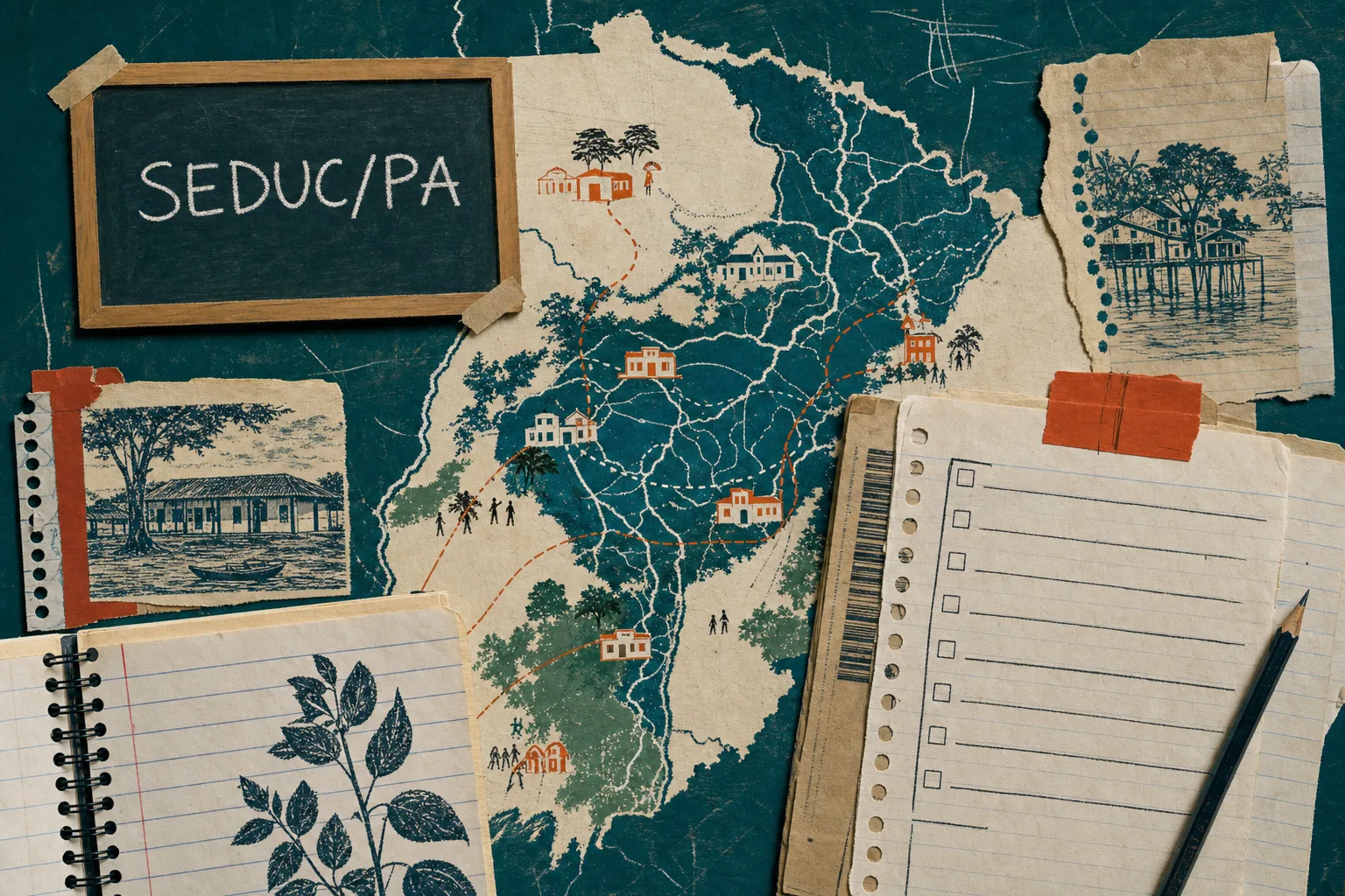 Colagem editorial de caderno escolar com mapa abstrato do Pará e materiais de planejamento ligados ao acompanhamento da SEDUC-PA