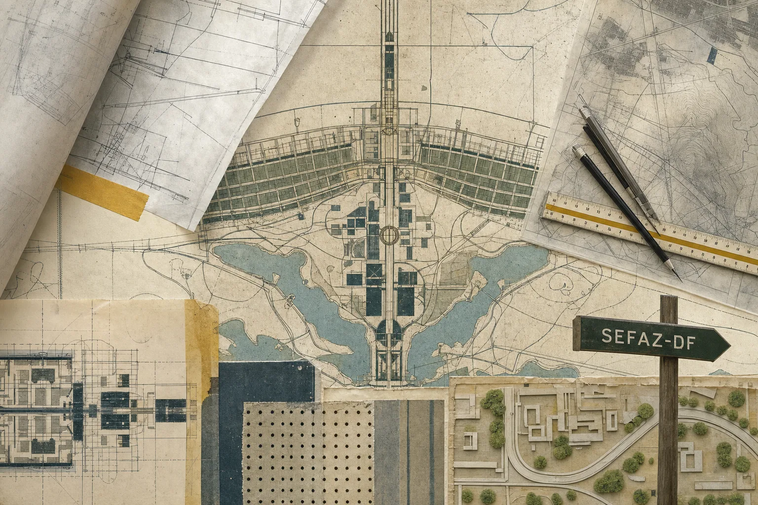 Atlas urbanístico ilustrado de Brasília com eixos do Plano Piloto, superquadras e sinalização SEFAZ-DF em uma prancha de concurso ainda em revisão