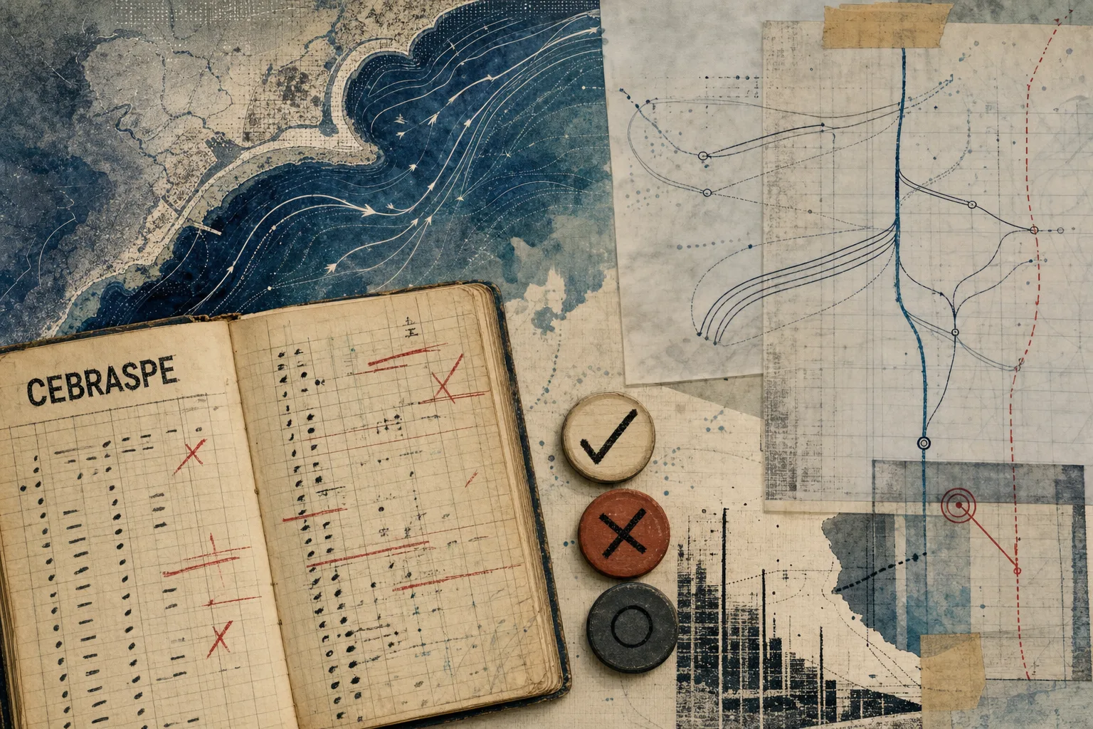 Livro de prova histórico ao lado de cartas translúcidas de rota, marcas de correção e peças de decisão que remetem ao estilo CEBRASPE