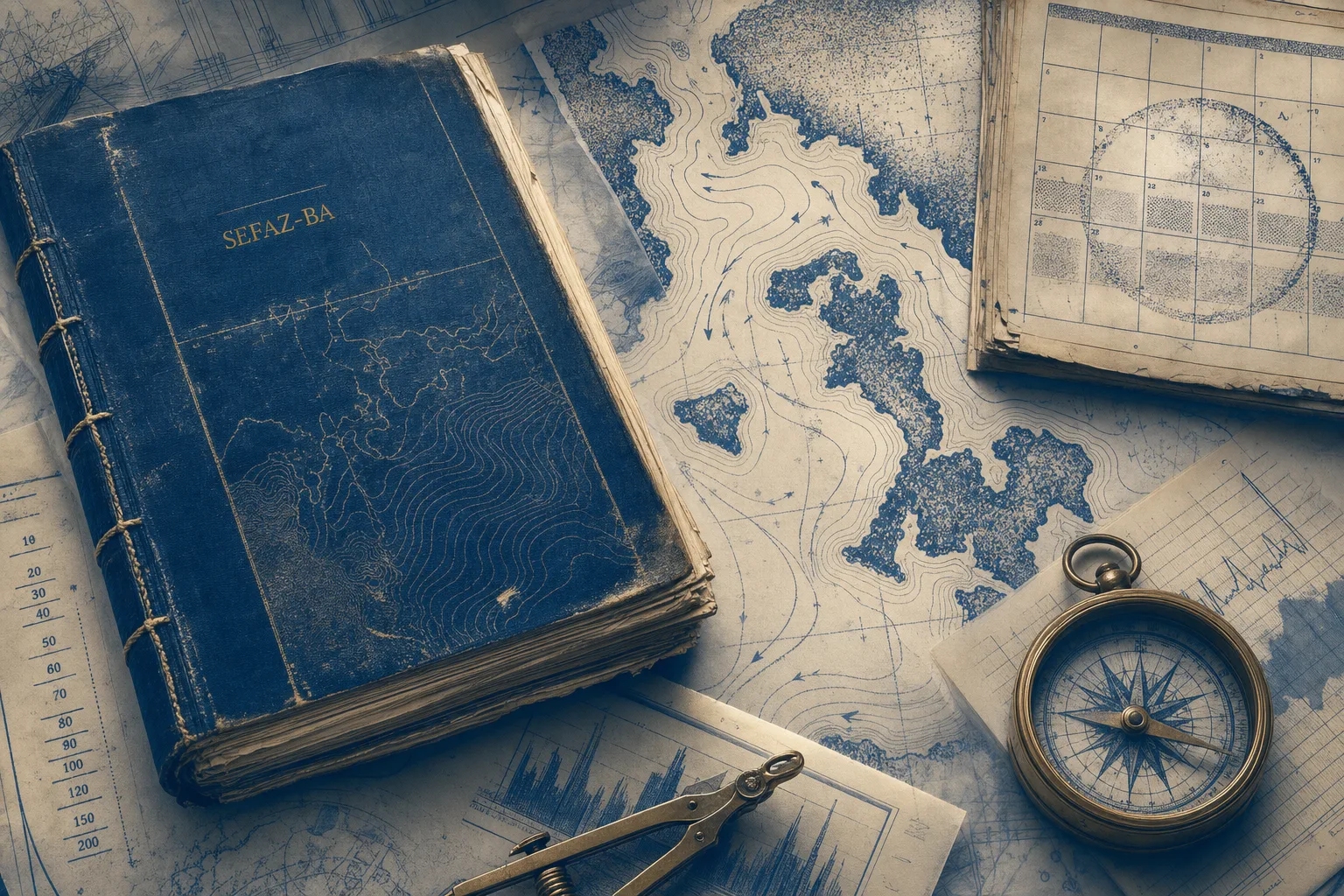 Livro de bordo arquivado, papel de carta translúcido e bússola representando o registro histórico do concurso SEFAZ-BA de 2019