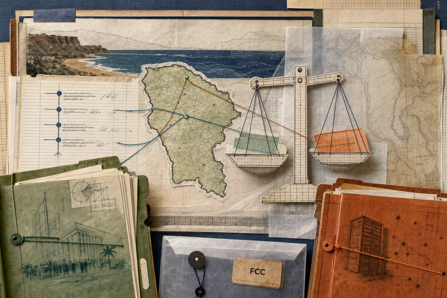 Colagem editorial com mapa abstrato do Ceará, papéis contábeis e duas pastas que representam Gestão Fazendária e Tecnologia da Informação