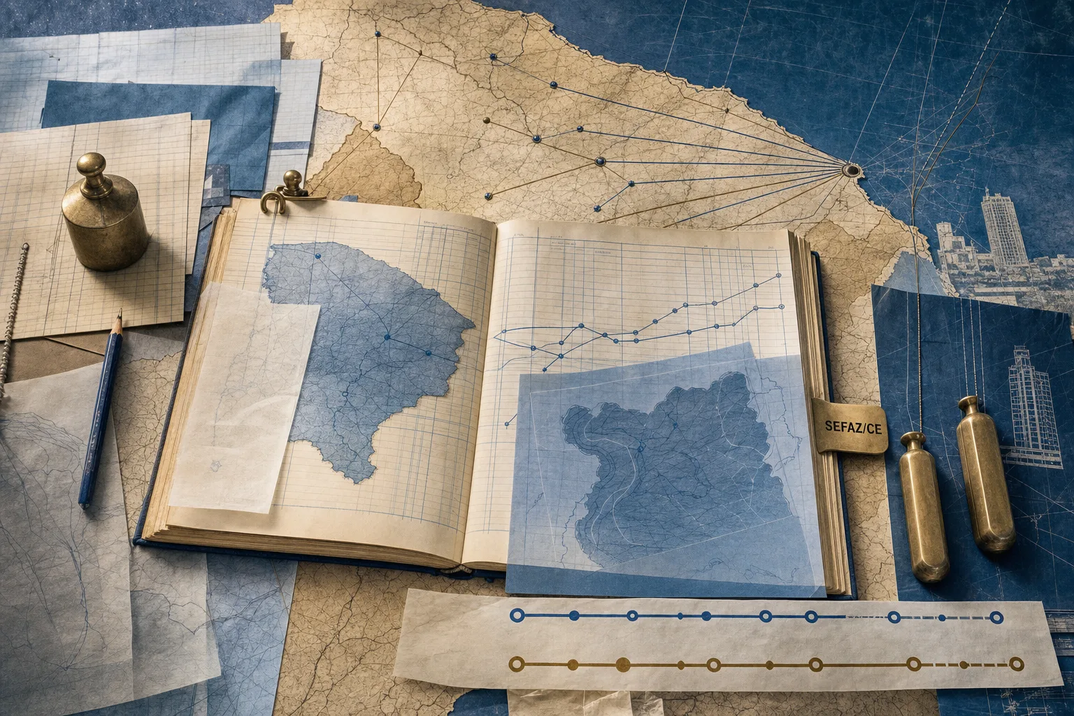 Livro-caixa fiscal aberto sobre mapa abstrato do Ceará, com linhas de auditoria entre capital e interior para o concurso SEFAZ-CE